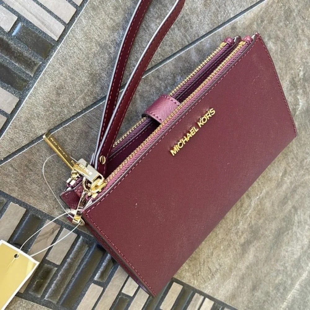 Michael Kors Jet Set Travel Large Double Zip Wristlet Wallet Dark Cherry Leather
